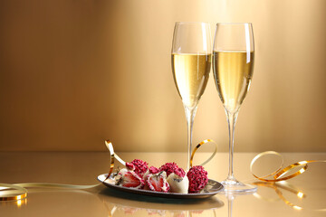 Champagne in glasses and tasty candies on golden background, space for text