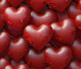 A vibrant red and crimson background filled with overlapping translucent hearts in different shades, with a glowing center and a romantic, soft-focus effect.