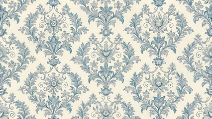 French Toile Inspired Blue Pattern on Light Beige Background Seamless, soft blue hues, elegant decor