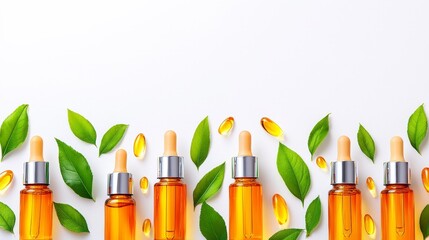 Elegant Skincare and Essence Bottles Surrounded by Green Leaves
