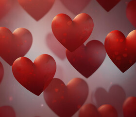 A vibrant red and crimson background filled with overlapping translucent hearts in different shades, with a glowing center and a romantic, soft-focus effect.