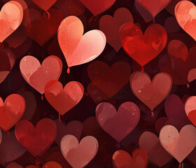 A vibrant red and crimson background filled with overlapping translucent hearts in different shades, with a glowing center and a romantic, soft-focus effect.