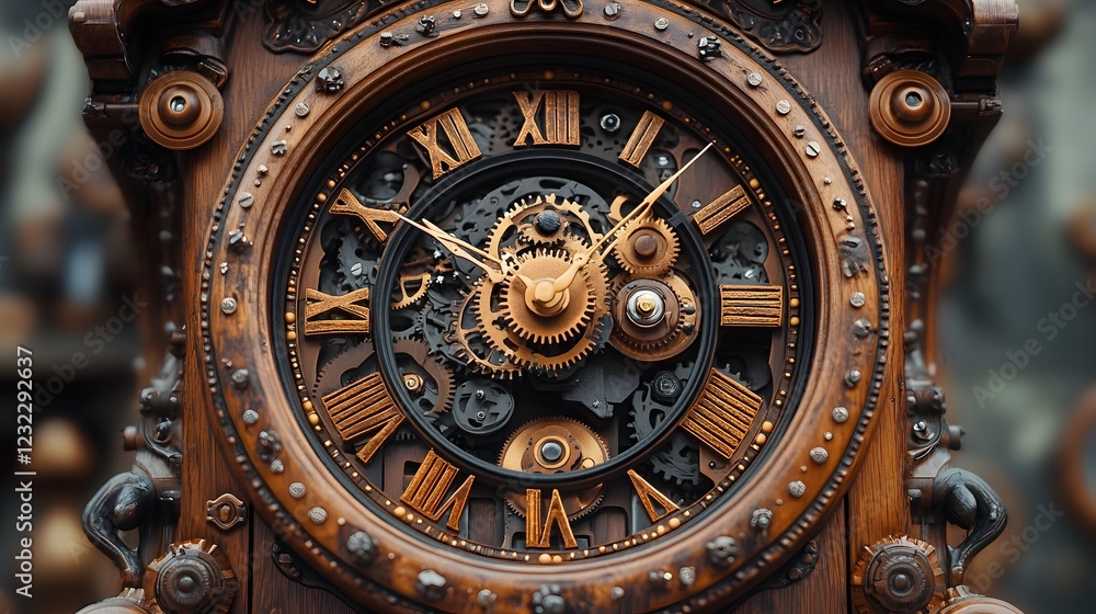 Poster dynamic steampunk grandfather clock crafted from dark wood with rotating gears and decorative cogs t