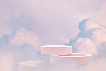 Minimal geometry cylinder podium table top with blue sky pink white cloud background.product placement pedestal modern stand display,surreal paradise dreamy concept.