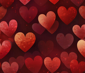 A vibrant red and crimson background filled with overlapping translucent hearts in different shades, with a glowing center and a romantic, soft-focus effect.