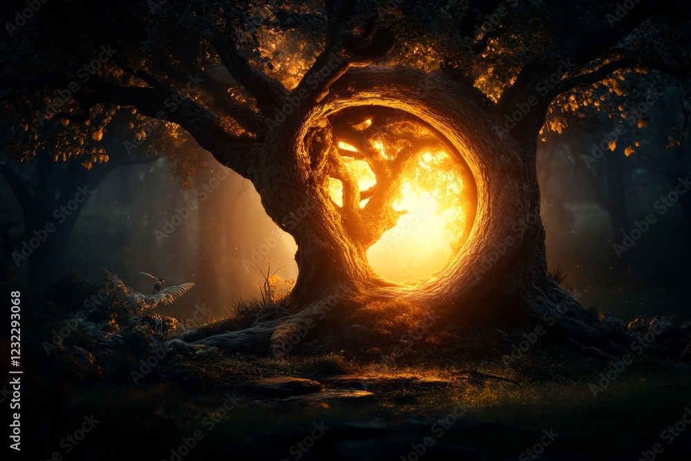 Poster A magical forest illuminated by a glowing tree in the center, its branches radiating light and surrounded by mythical creatures in awe
