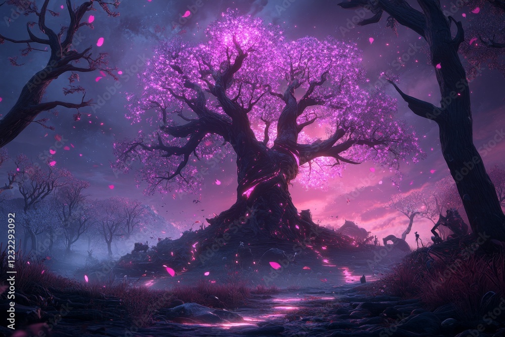 Poster A magical forest illuminated by a glowing tree in the center, its branches radiating light and surrounded by mythical creatures in awe
