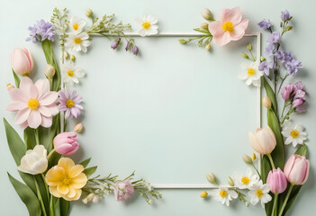 A charming floral border featuring vibrant spring blossoms, artistically arranged on a light pastel backdrop, leaving ample empty space in the middle for creative use