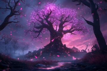 A magical forest illuminated by a glowing tree in the center, its branches radiating light and surrounded by mythical creatures in awe