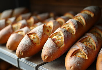 Close up of tray of freshly baked bread in a bakery. Artisan crusty baguette