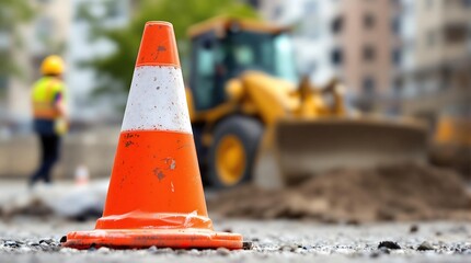 Close-Up of Construction Cones on Road with Blurred Background of Workers Paving