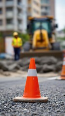 Close-Up of Construction Cones on Road with Blurred Background of Workers Paving