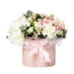 Bouquet of beautiful flowers in box isolated on white