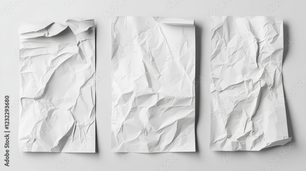 Poster crumpled and wrinkled white paper mockup. realistic vector illustration set of creased blank a4 vert