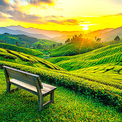  a bench with green fields view