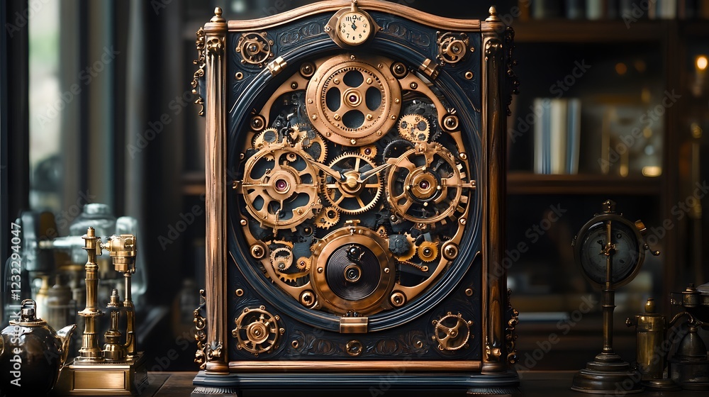 Poster dynamic steampunk grandfather clock crafted from dark wood with rotating gears and decorative cogs t