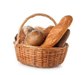 Different freshly baked bread loafs in wicker basket isolated on white