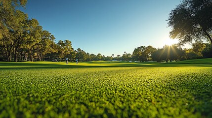 Golfers enjoying a sunny day on a lush green course with trees and a bright sky
