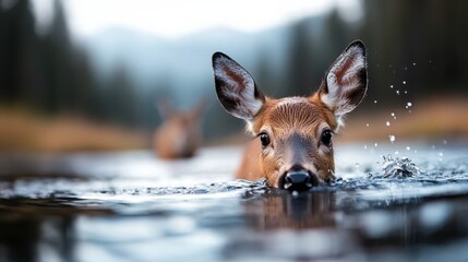 Deer swimming gracefully in a tranquil mountain lake at sunset