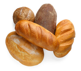 Different freshly baked bread loafs isolated on white, top view