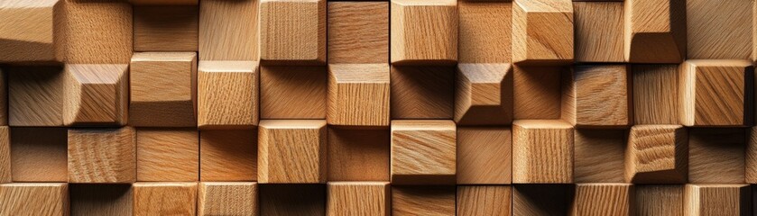 Artistic Close-up of a Wooden Mosaic Wall Geometric Patterns, Depth, and Textured 3D Wood Cubes High-Resolution Image of Intricate Wooden Block Design Perfect for Interior Design, Architecture, and