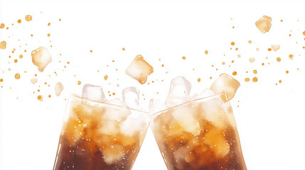Abstract watercolor image of two soda glasses toasting with ice and bubbles, celebrating joy and refreshment