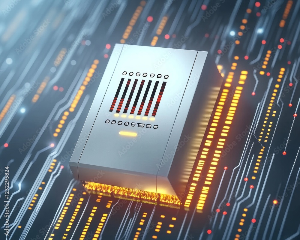 Poster a sleek server sits on a digital circuit board backdrop, illuminated by vibrant lights, symbolizing 