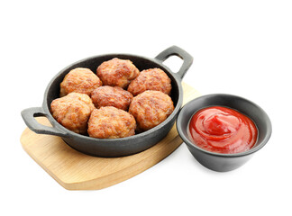Tasty meatballs in baking dish and tomato sauce isolated on white