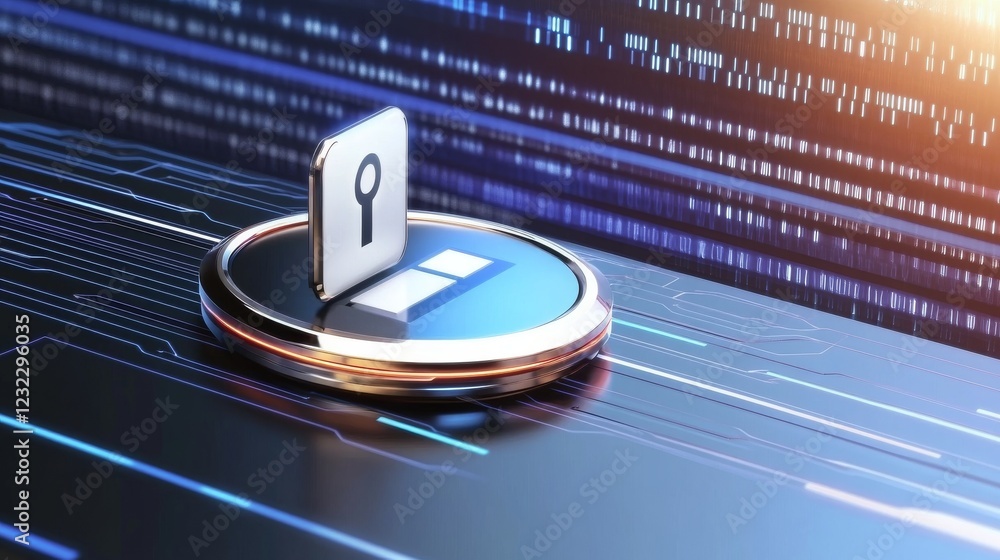 Poster a digital lock symbol on a circular base, representing cybersecurity and password protection in a fu