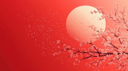 Obraz premium Cherry Blossom Branch Under the Glow of a Red Sunset Sky