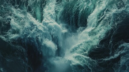 Aerial view of powerful waterfall, churning water, rugged landscape, nature background, travel photography