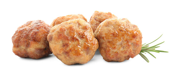 Delicious meatballs and rosemary isolated on white