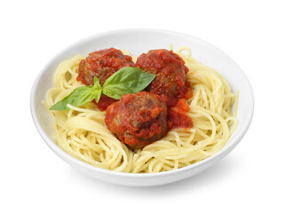Delicious pasta with meatballs in bowl isolated on white