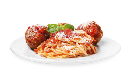Delicious pasta with meatballs, basil and cheese isolated on white