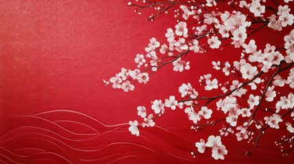 Elegant Cherry Blossom Design on Vibrant Red Background