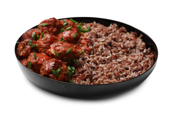 Tasty meatballs with sauce and brown rice isolated on white