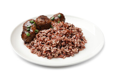 Tasty meatballs with sauce and brown rice isolated on white
