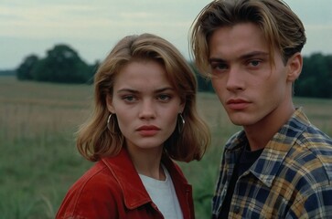 Fototapeta premium 90s Young couple stands together in a field during early evening light, showcasing a moment of connection and contemplation