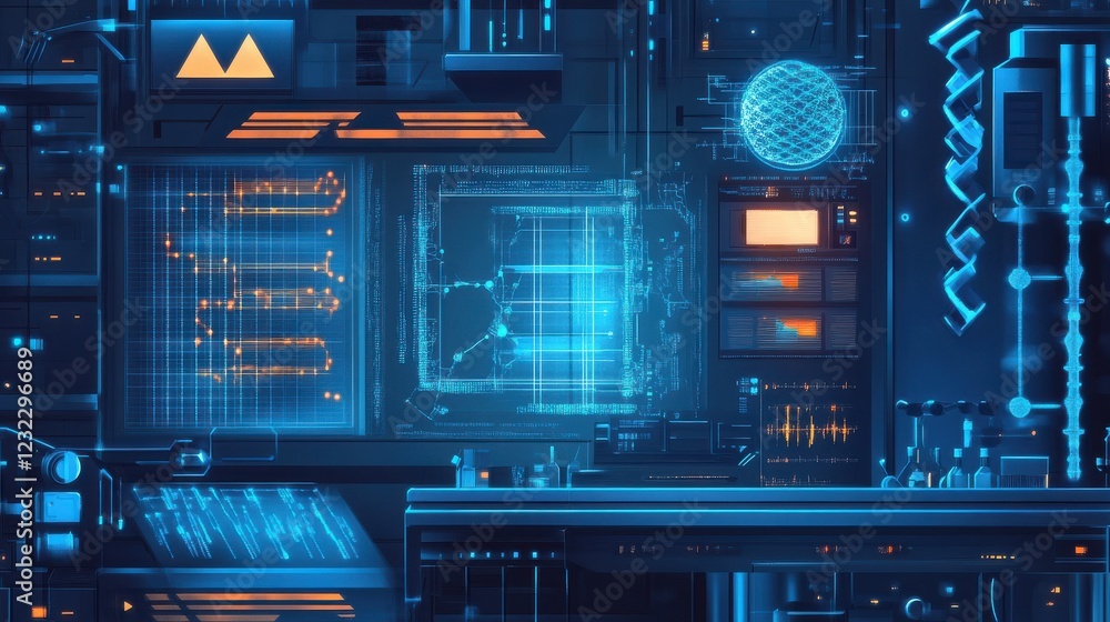 Poster futuristic control panel with high-tech display and digital elements