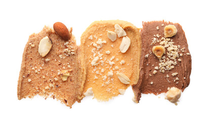 Different nut butters and nuts isolated on white, top view