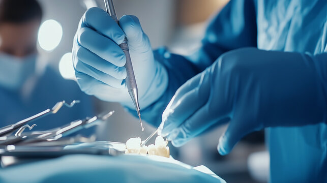 Dentist's gloved hands performing detailed dental treatment, focusing on professional medical instrument handling during precise oral healthcare process