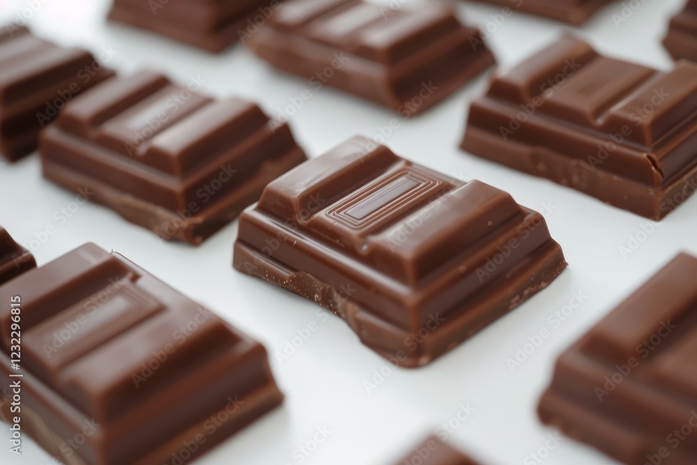 Poster small milk chocolate bars arranged in rows on a white surface, creating a visually appealing pattern