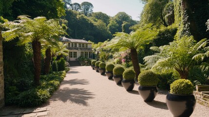 Obraz premium Enchanting Garden Pathway Surrounded by Lush Greenery and Plants