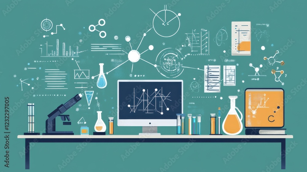 Poster modern science laboratory setup with equipment and graphical data
