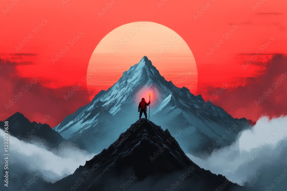 Poster a pixel art scene of a character standing on a mountain peak, holding a glowing flag, with vibrant p