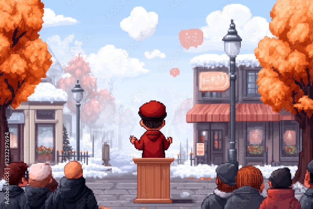 Poster A pixel art scene of a character standing on a podium, speaking to a small pixelated crowd in a vibrant town square, with animated speech bubbles floating above