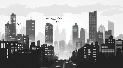 Naklejka premium Black and White Urban Cityscape Silhouette with Skyscrapers and Birds