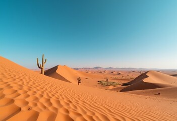 Textured Desert: Rolling Sand Dunes, Clear Blue Sky, Cacti, Arid Surface, Desolate Beauty, Sandy Terrain, Desert Landscape, Natural Scene, Open Sky, Vast Desert.
