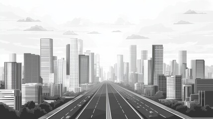 Black and White Urban Cityscape with Highway and Skyscrapers