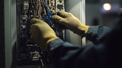 A close-up of a building’s electrical maintenance work, showing a mechanic’s hands repairing and organizing circuit wiring with safety gloves